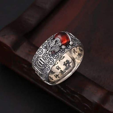 Bague de protection Tibétaine en argent 999 et grenat - Taille réglable