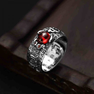Bague de protection Tibétaine en argent 999 et grenat - Taille réglable