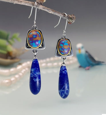 Boucles d'oreilles "Kali" en argent Tibétain, Lapis Lazuli et Jaspe