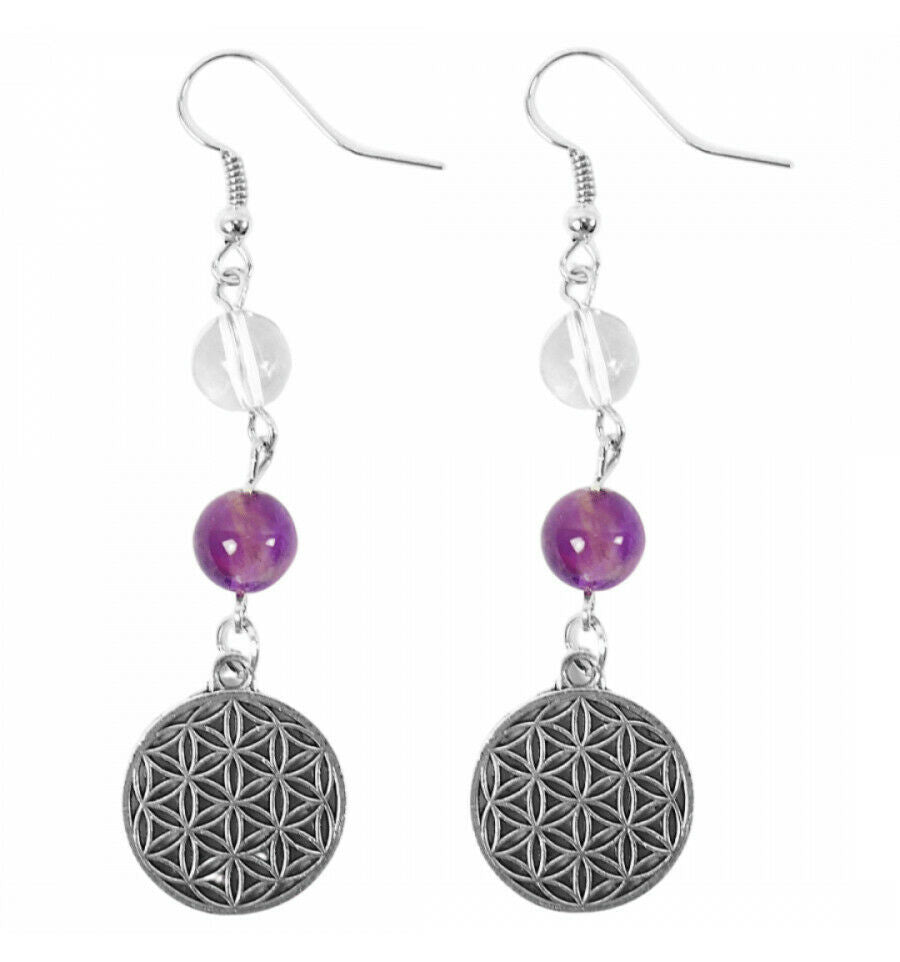 Boucles d'oreilles en Cristal de roche et Améthyste motif Fleur de vie