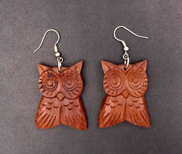 Boucles d'oreilles ethniques chouette hibou en bois de suar