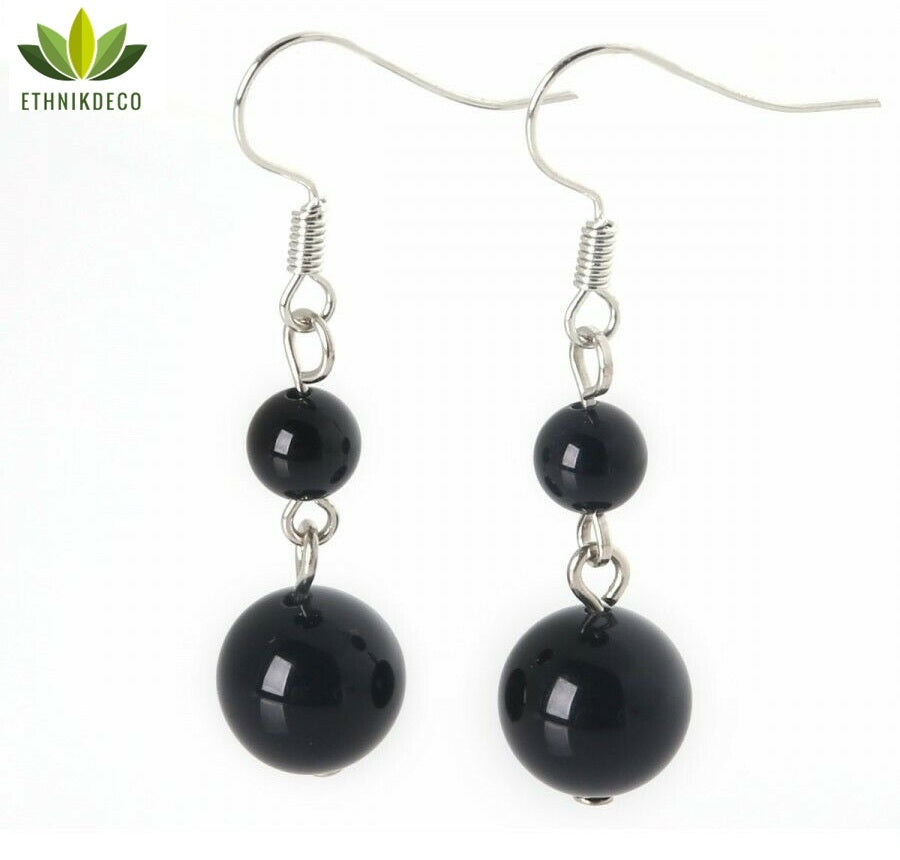 Boucles d'oreilles pendantes 2 boules en Onyx