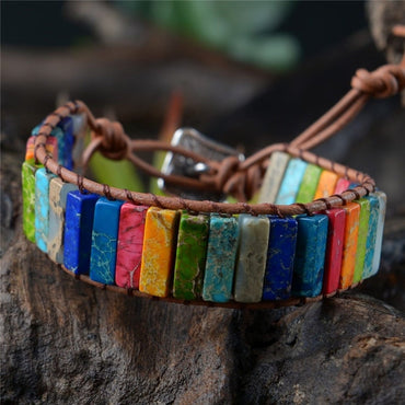 Bracelet des 7 Chakras "Châlâ" en pierres semi-précieuses naturelles de jaspe et cuir