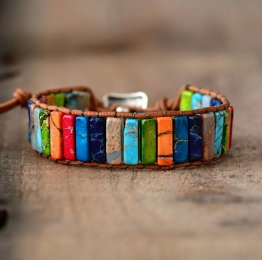 Bracelet des 7 Chakras "Châlâ" en pierres semi-précieuses naturelles de jaspe et cuir