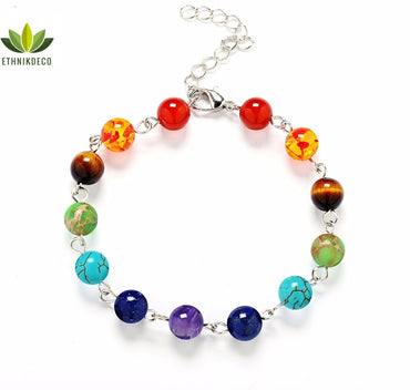 Bracelet 7 chakras en métal argenté et pierres semi-précieuses