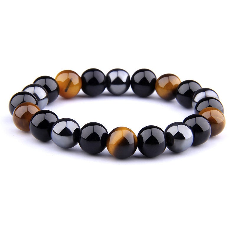 Bracelet "Triple Protection" Oeil de Tigre, Hématite et Onyx 8mm