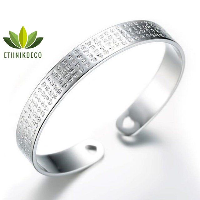 Bracelet Tibétain gravé "Om Mani Padme Hum" en argent 999 Le Sutra du Coeur