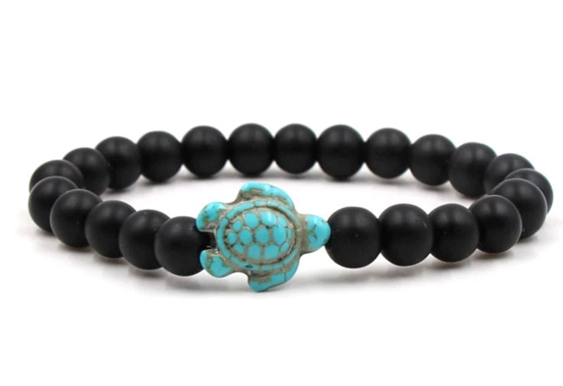 Bracelet en Agate Noire 8 mm + tortue Amérindienne en Howlite Turquoise - Bien-être et harmonie