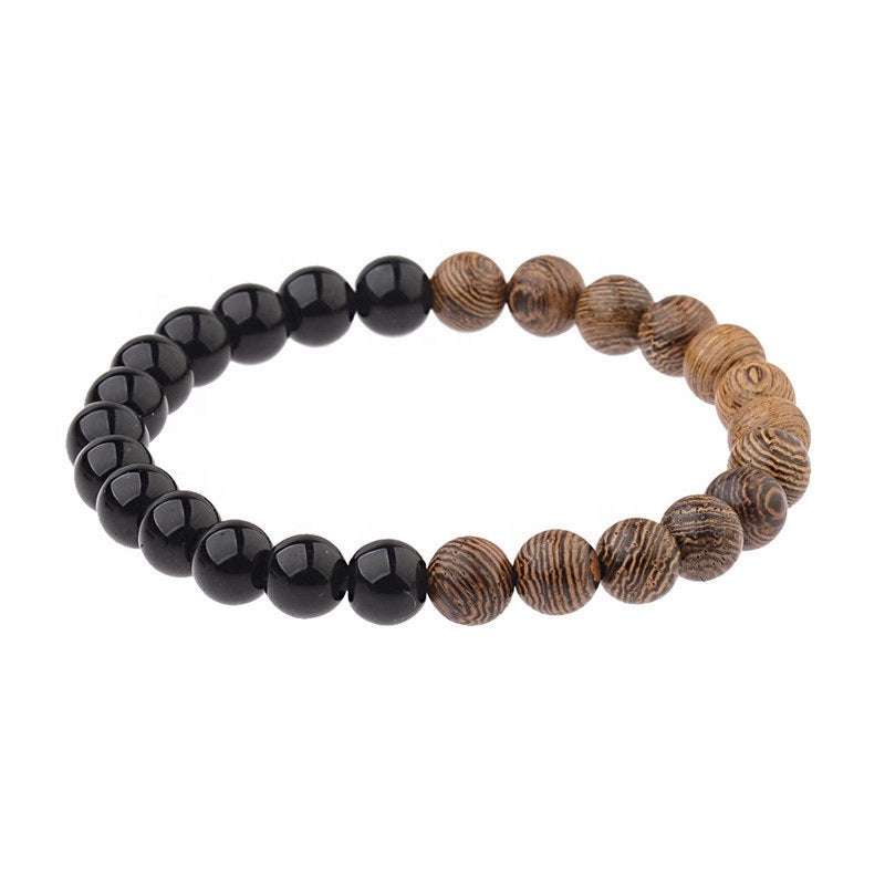 Bracelet en Onyx Agate noire de Madagascar et en Bois Wengé
