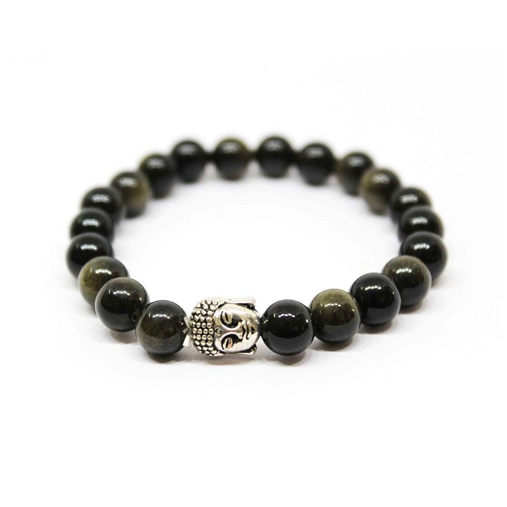 Bracelet Bouddha Thaï argent ou or en Obsidienne dorée AAA - boules 8 mm