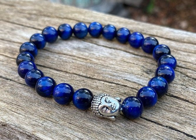 Bracelet Mala Tibétain de Protection en Oeil du Faucon (ou Oeil de Tigre bleu) + perle Bouddha