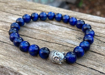 Bracelet Bouddha en Oeil du Faucon (ou Oeil de Tigre bleu) + perle Bouddha