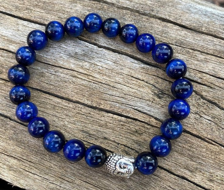Bracelet Mala Tibétain de Protection en Oeil du Faucon (ou Oeil de Tigre bleu) + perle Bouddha