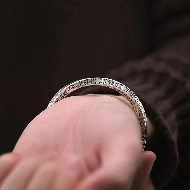 Bracelet jonc en argent 925 sterling gravure Poisson, Porte Bonheur Homme / femme