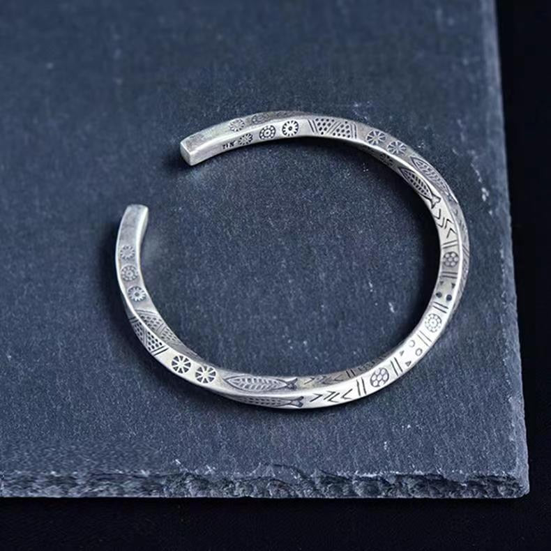 Bracelet jonc en argent 925 sterling gravure Poisson, Porte Bonheur Homme / femme