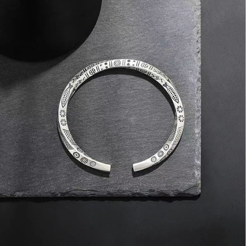 Bracelet jonc en argent 925 sterling gravure Poisson, Porte Bonheur Homme / femme