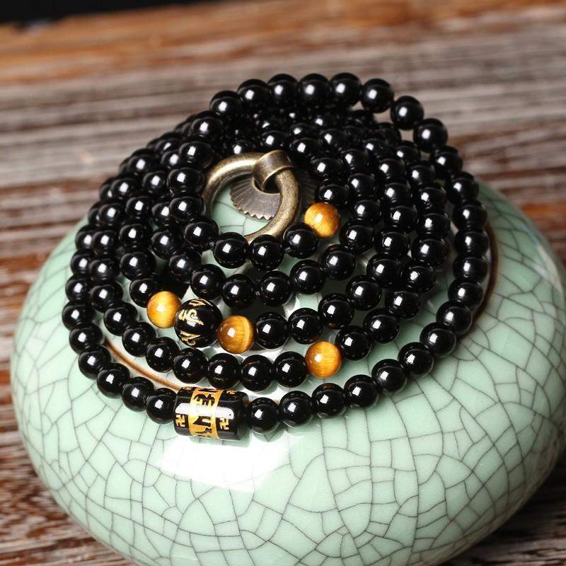 Bracelet collier Tibétain mantra multitour en Agate noire et Oeil de Tigre