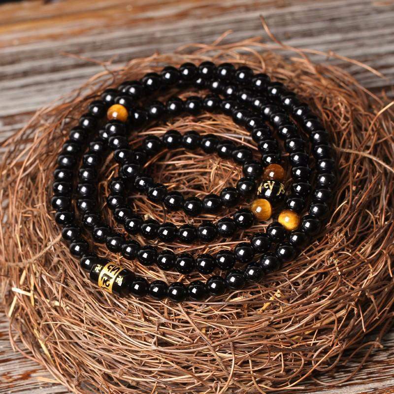 Bracelet collier Tibétain mantra multitour en Agate noire et Oeil de Tigre