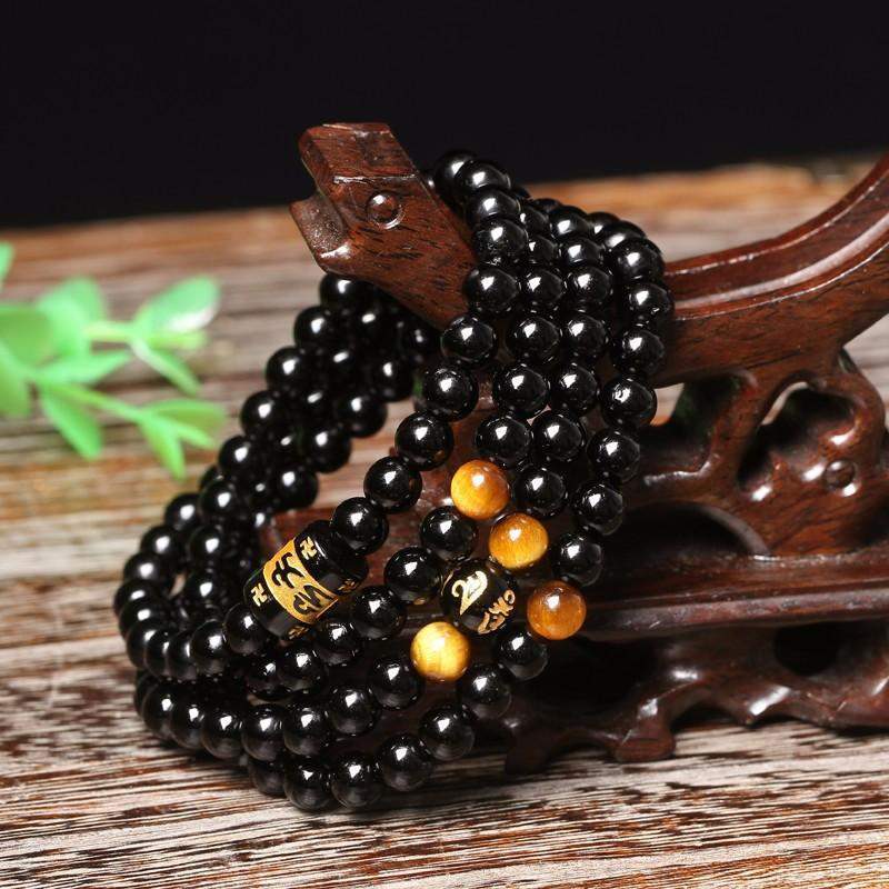 Bracelet collier Tibétain mantra multitour en Agate noire et Oeil de Tigre