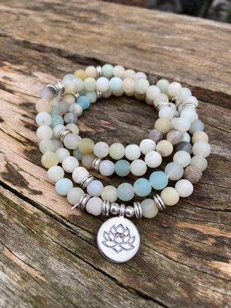 Bracelet Mala 108 perles en Amazonite - Symbole fleur de Lotus
