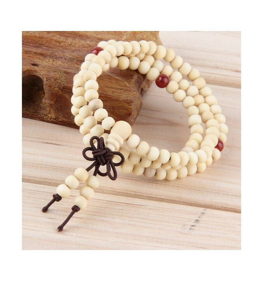 Bracelet Tibétain Mala en perles de bois de santal beige - 6 mm