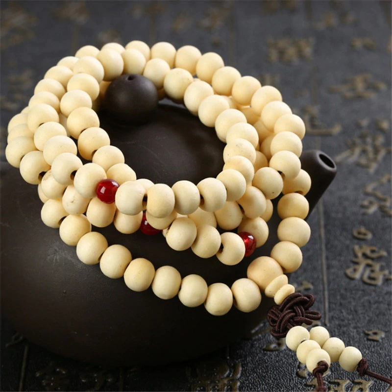 Bracelet Tibétain Mala en perles de bois de santal beige - 6 mm