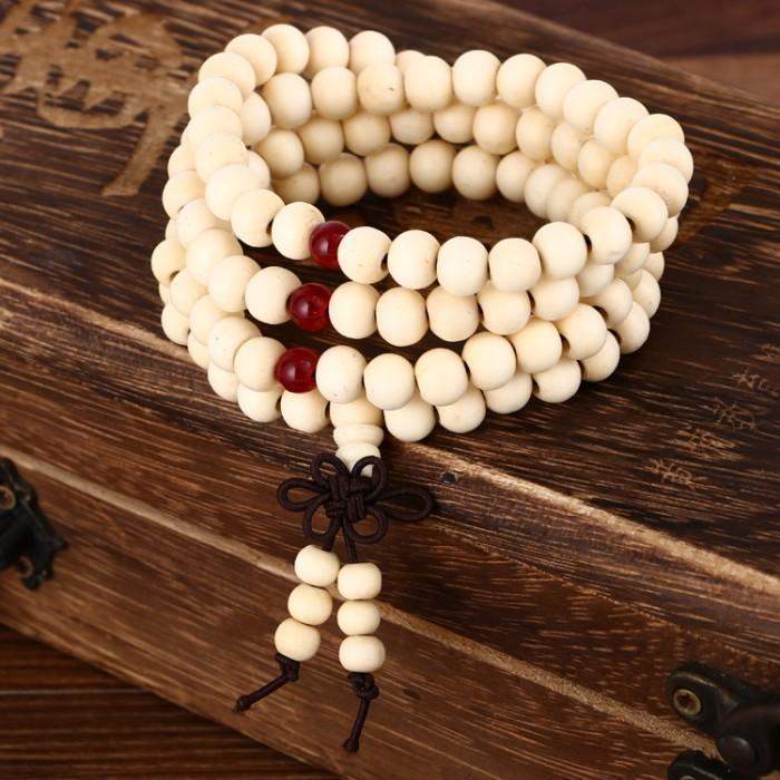 Bracelet ou Collier Tibétain Mala en perles de bois de santal beige - 6 mm