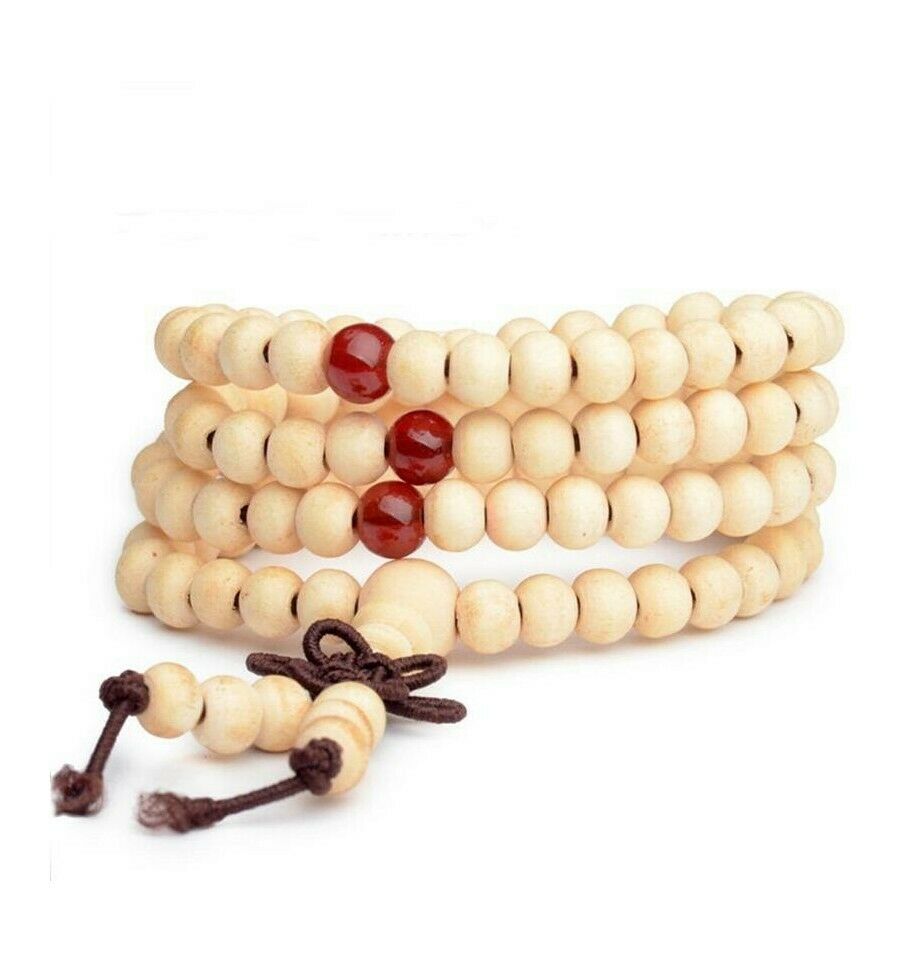 Bracelet Tibétain Mala en perles de bois de santal beige - 6 mm