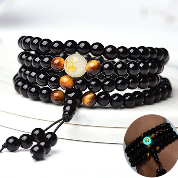 Bracelet Mala tibétain 108 perles "Dragon de Lumière" en Onyx