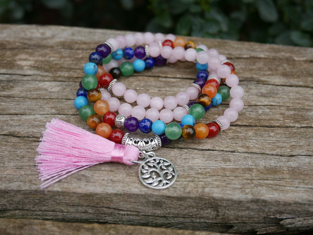 Bracelet multirang 7 chakras - Mala tibétain en Quartz Rose et pierres semi-précieuses