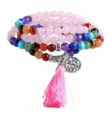 Bracelet multirang 7 chakras - Mala tibétain en Quartz Rose et pierres semi-précieuses