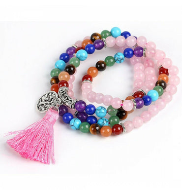 Bracelet multirang 7 chakras - Mala tibétain en Quartz Rose et pierres semi-précieuses