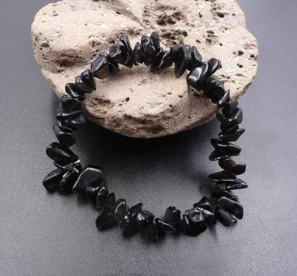 Bracelet perles chips en Obsidienne Noire naturelle
