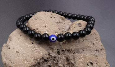 Bracelet Porte Bonheur en Onyx naturel 6mm - Oeil turc - Nazar boncuk