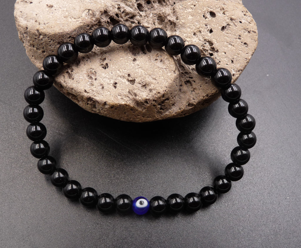 Bracelet Porte Bonheur en Onyx naturel 6mm - Oeil turc - Nazar boncuk