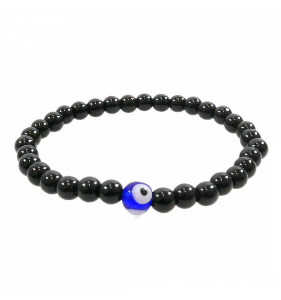 Bracelet Porte Bonheur en Onyx naturel 6mm - Oeil turc - Nazar boncuk