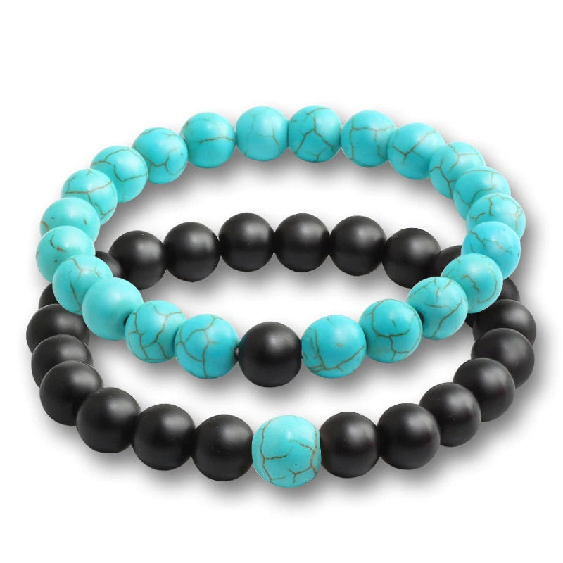 Bracelets de distance / couples - Agate noire et Howlite turquoise