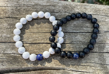 Bracelets de distance / couples - Lapis Lazuli, Agate noire et Howlite blanche 8 mm