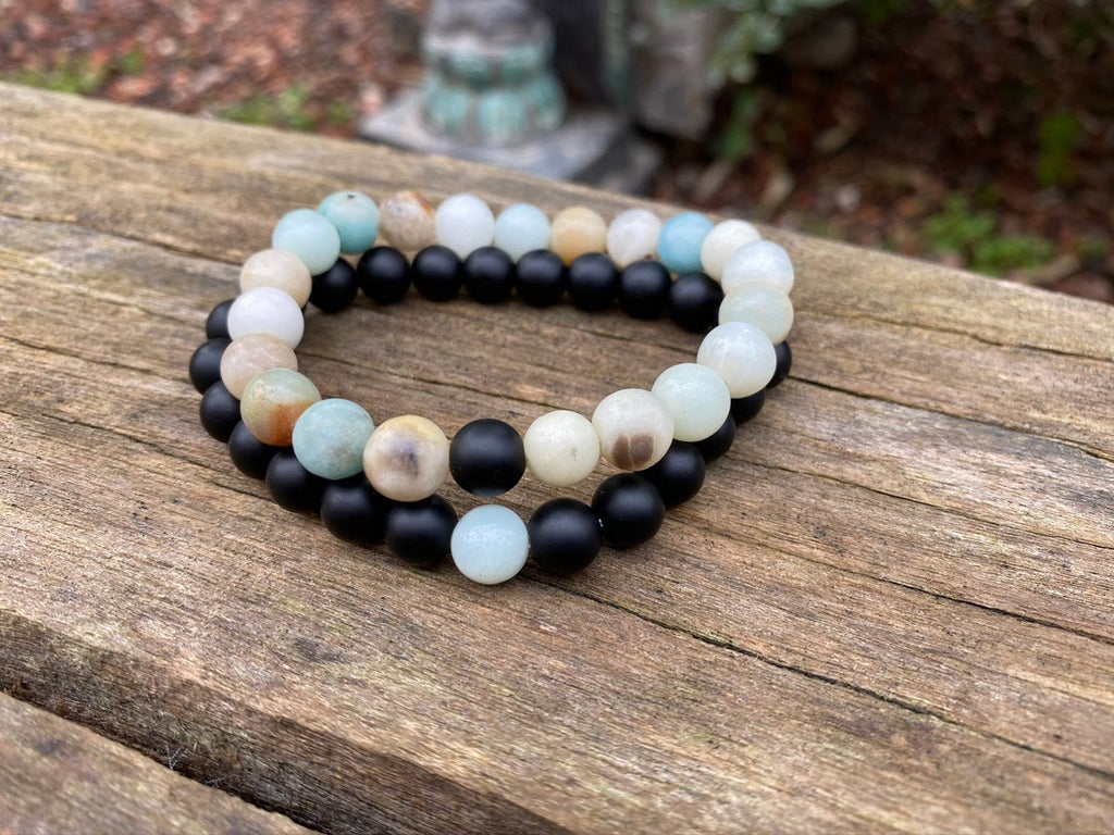 Bracelets de distance / couples - Agate noire et Amazonite 8 mm