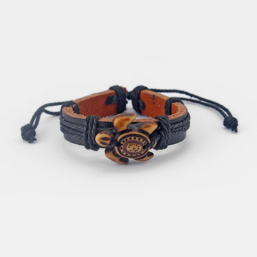 Bracelet tortue de mer - bijou mixte Polynésien Maori - Cuir et poudre os de yack