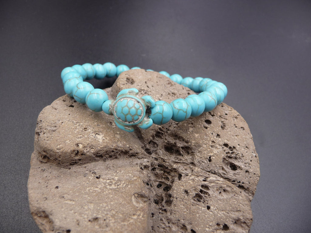 Bracelet en pierre véritable Howlite turquoise 8 mm + tortue de mer