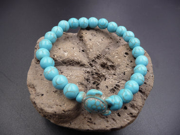 Bracelet en pierre véritable Howlite turquoise 8 mm + tortue de mer