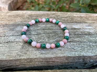 Bracelet de lithothérapie en Malachite, Quartz Rose et Rhodochrosite