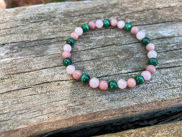 Bracelet de lithothérapie en Malachite, Quartz Rose et Rhodochrosite