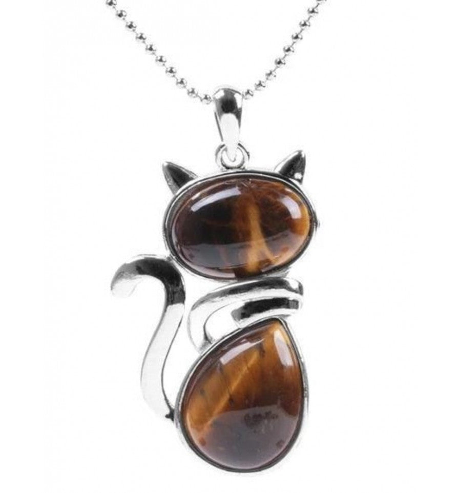 Collier argenté avec pendentif chat en Oeil de Tigre véritable