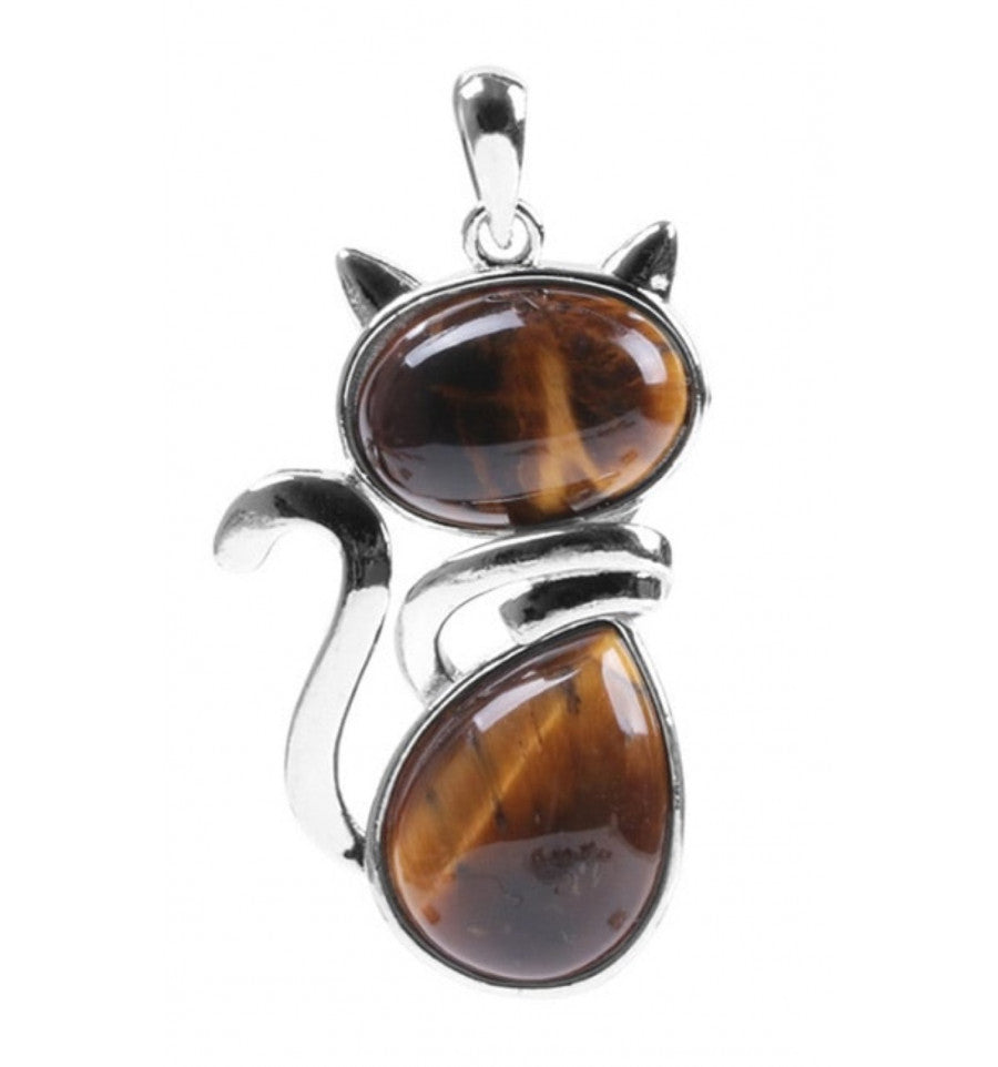 Collier argenté avec pendentif chat en Oeil de Tigre véritable