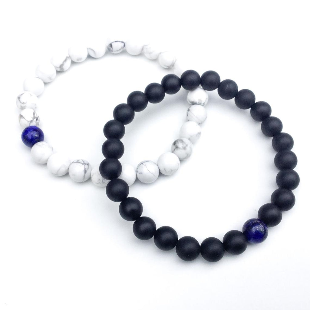 Bracelets de distance / couples - Lapis Lazuli, Agate noire et Howlite blanche 6 mm