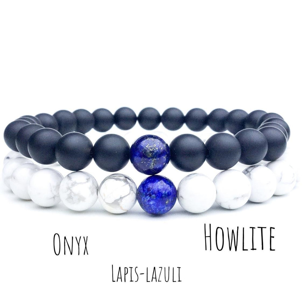 Bracelets de distance / couples - Lapis Lazuli, Agate noire et Howlite blanche 6 mm