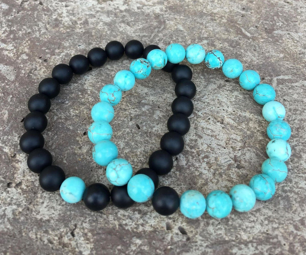 Bracelets de distance / couples - Agate noire et Howlite turquoise