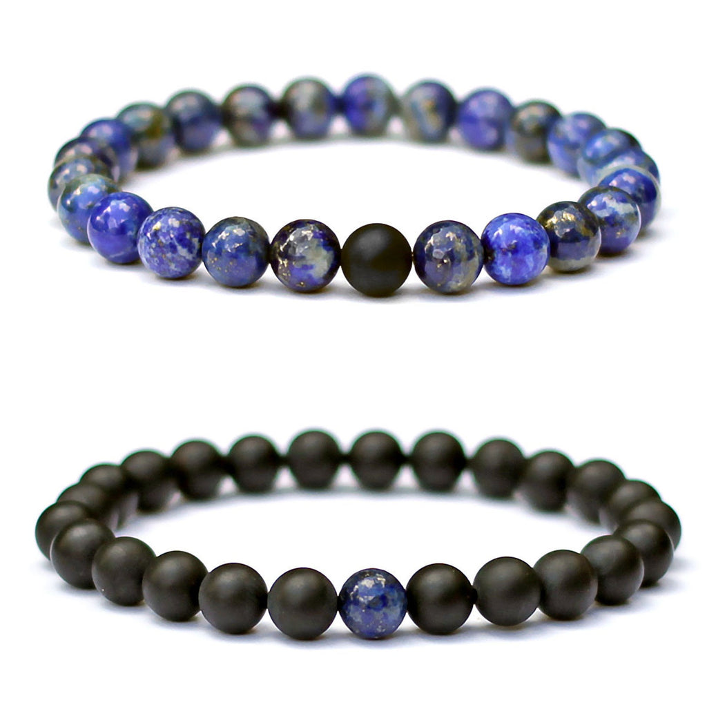 Bracelets de distance / couples - Agate noire et Lapis Lazuli 8 mm